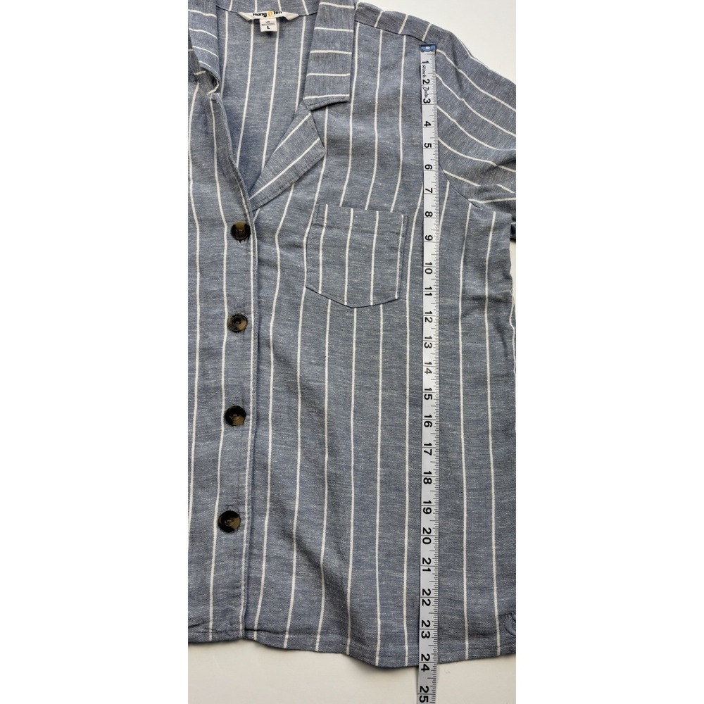 Hang Ten Button Front Shirt Womens Sz L Blue White Striped Coastal Linen Blend - Picture 8 of 9